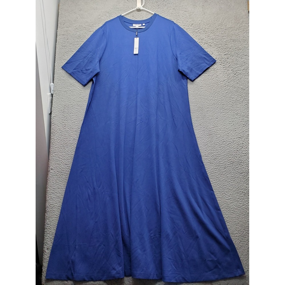 Chico's Maxi Dress Womens XXL Blue Ribbed Elbow Sleeve Crew Neck Casual Stretch